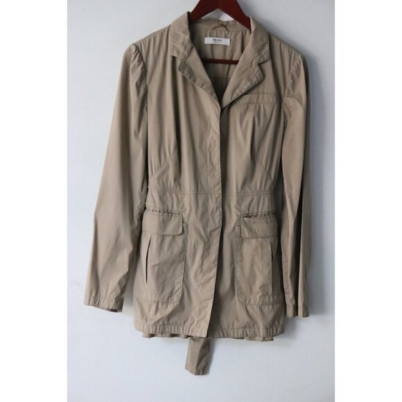 Prada Womens Size 44 Medium Beige Jacket Belted Cotton Button Down Collared Coat - Picture 9 of 9